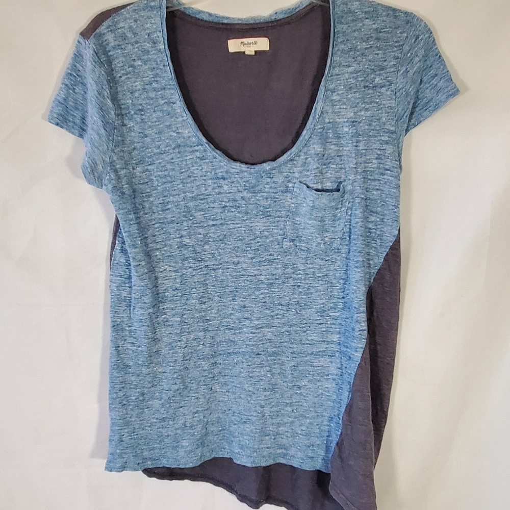MADEWELL LINEN BLUE GRAY GREY 2 TONE POCKET SCOOP NECK S/S TOP